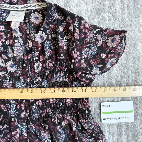 Knox Rose Sheer Blouse Women Size XS‎ Multicolor Floral Smocked Button Front - Picture 12 of 14